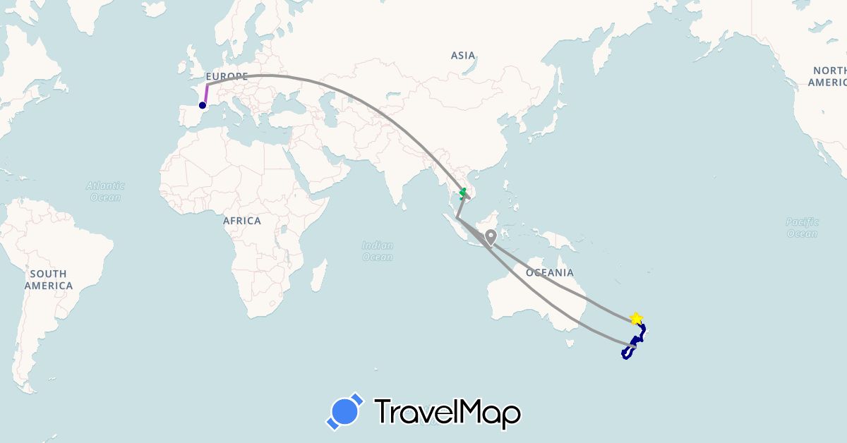 TravelMap itinerary: driving, bus, plane, train, hiking, boat, motorbike in Australia, France, Indonesia, Cambodia, Malaysia, New Zealand, Singapore, Vietnam (Asia, Europe, Oceania)